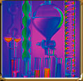 Ultraviolet fluorescence of liquids in laboratory glassware.